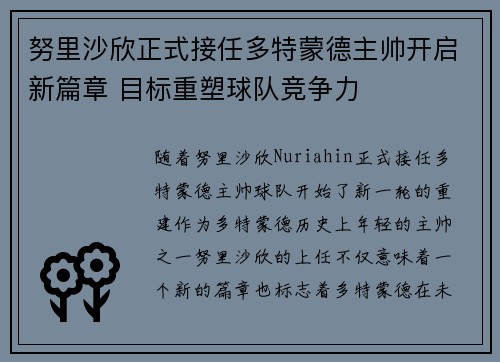 努里沙欣正式接任多特蒙德主帅开启新篇章 目标重塑球队竞争力 努里沙欣正式接任多特蒙德主帅开启新篇章 目标重塑球队竞争力